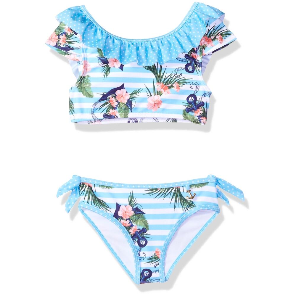 Jantzen Girls Little Nautical Bikini with Ruffle Stripped Anchor Print Size 10